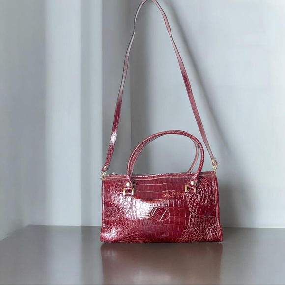 Ox Blood Crocodile-Embossed Satchel with Crossbody Strap - Picture 2 of 10